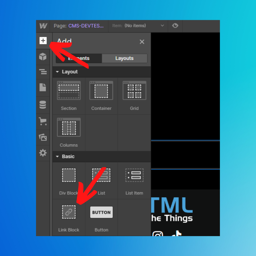 Locating the Add menu and Link Block element