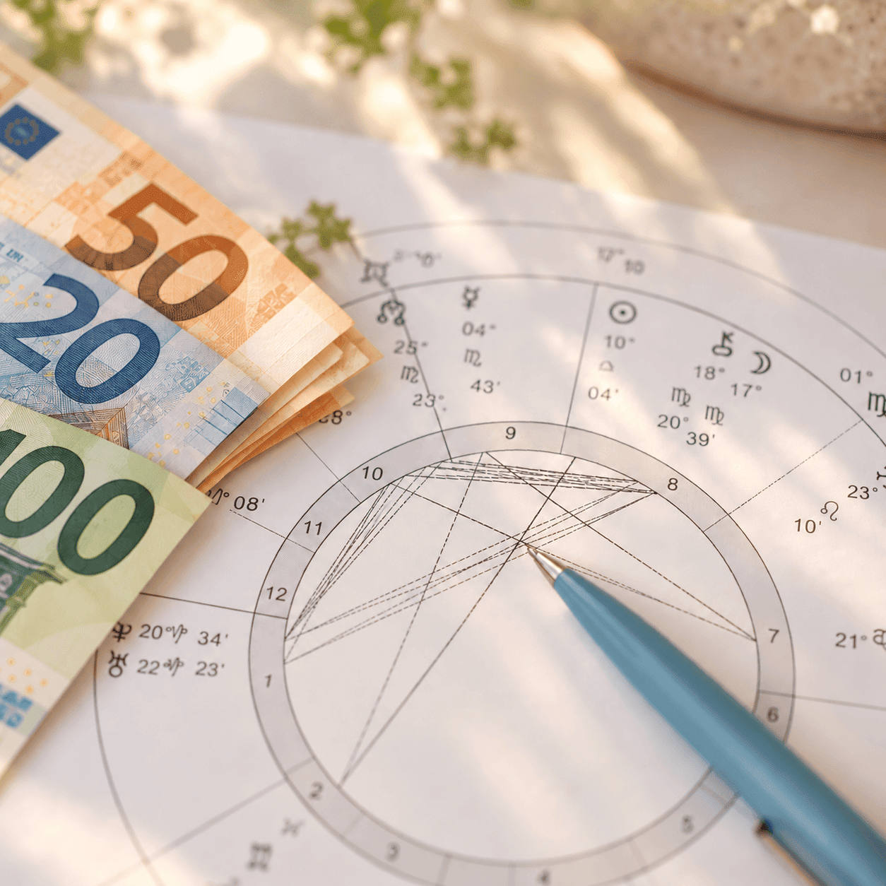 Astrologische Tabelle mit Linien und Symbolen neben einem blauen Stift und gefächerten Euro-Banknoten in den Stückelungen 50, 20 und 100.