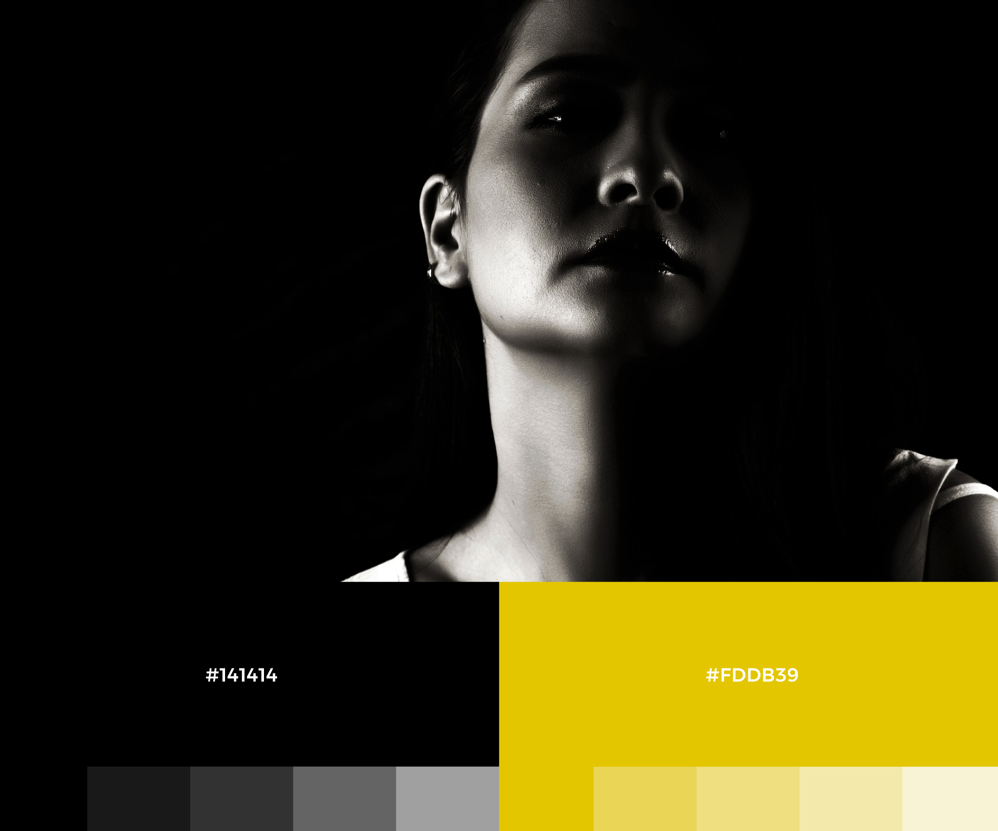 Portrait photo of a girl displayed over different shades of black and yellow colored boxes.
