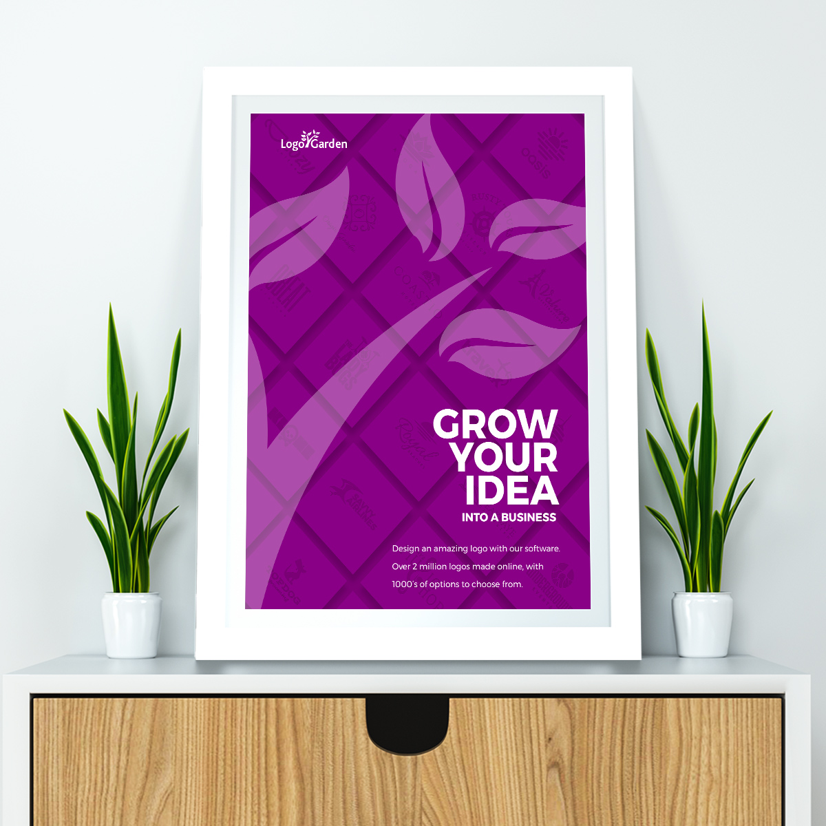 LogoGarden poster displayed on a stand 