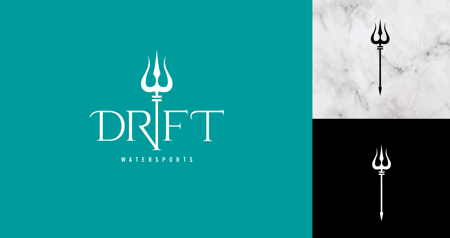 Dryft Watersports logo showcasing different colors and the trident symbol. 