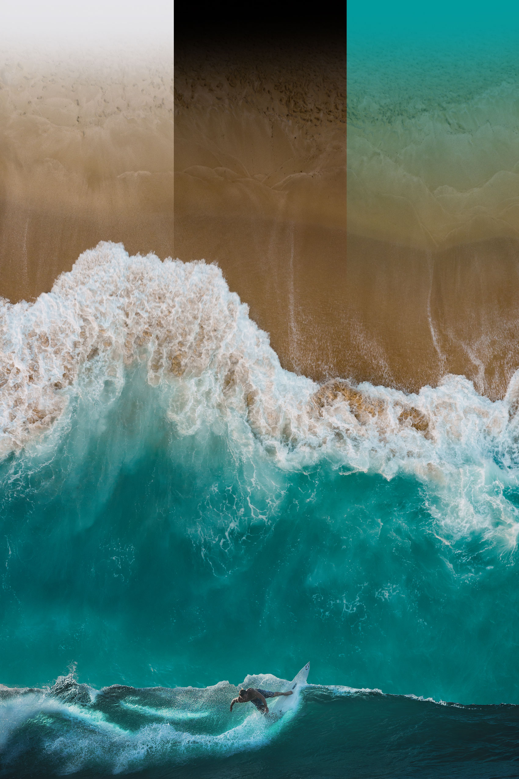 Overhead view of a beach with a surfer riding a weave underneath it. 