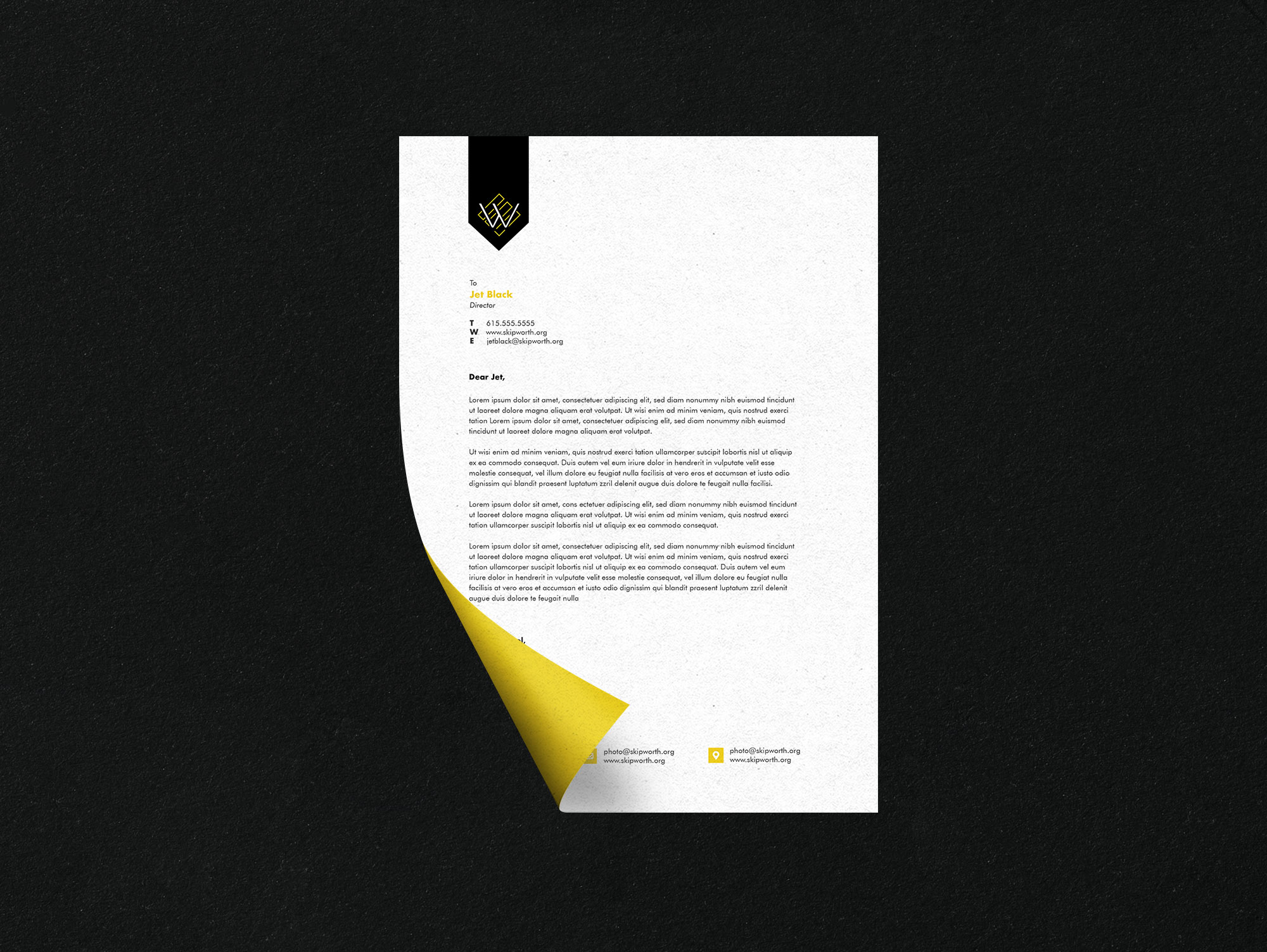 Curled paper letterhead with Skipworth branding. 