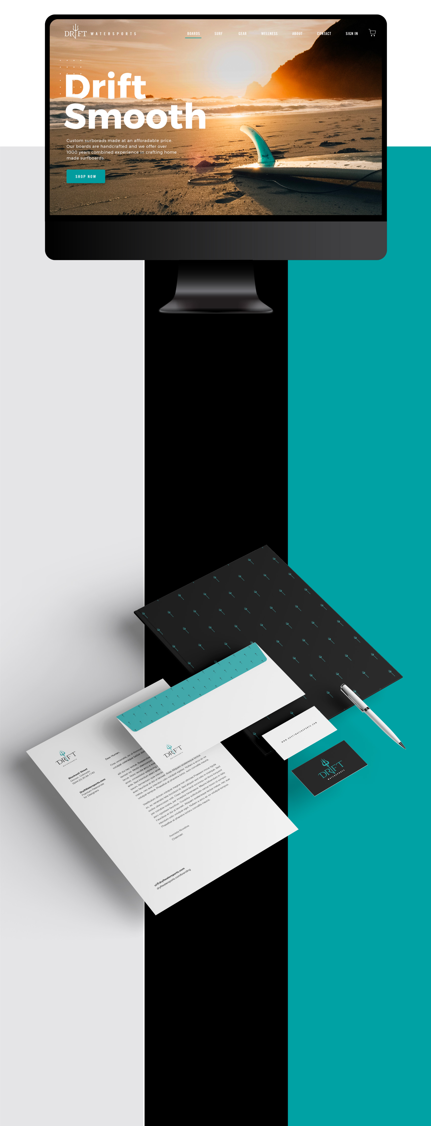 Dryft homepage displayed on a computer. Underneath it is DRYFT stationery and an overhead view of a beach with a surfer riding a wave.