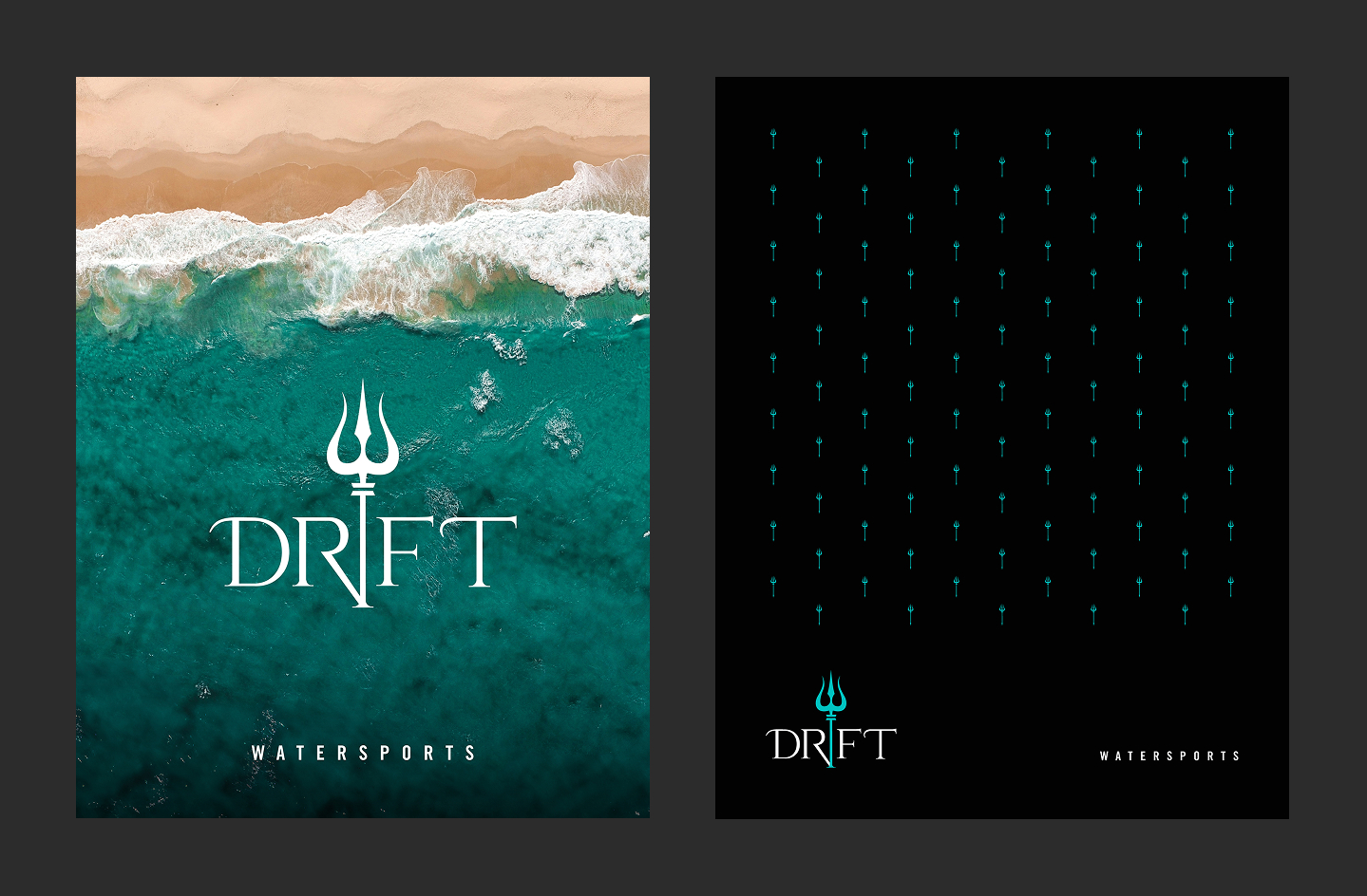 Split image: left side shows ocean waves crashing on a sandy beach with the word 'DRIFT' and a trident symbol above 'WATERSPORTS'; right side shows a black background with a pattern of small tridents, and the 'DRIFT' logo with trident symbol and 'WATERSPORTS' text at the bottom.