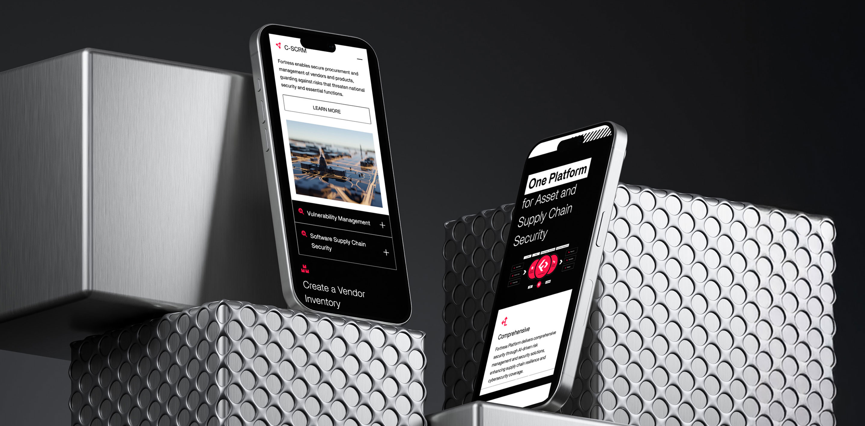 Two smartphones displaying Fortress Platform screens, positioned on metallic textured cubes against a dark background.