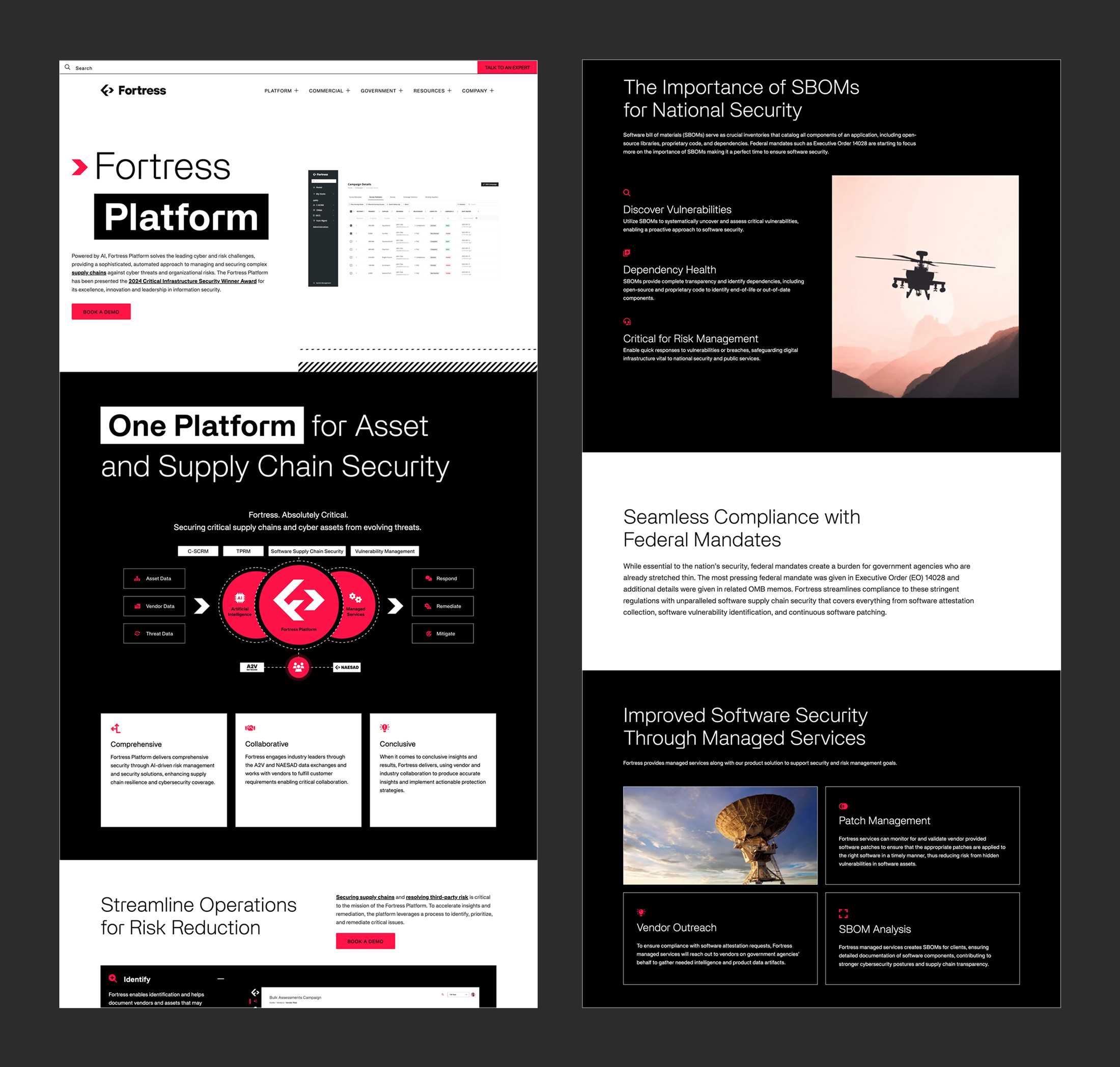 Fortress Platform website page highlighting asset and supply chain security with sections on software supply chain security, SBOMs for national security, federal mandate compliance, and managed software security services.