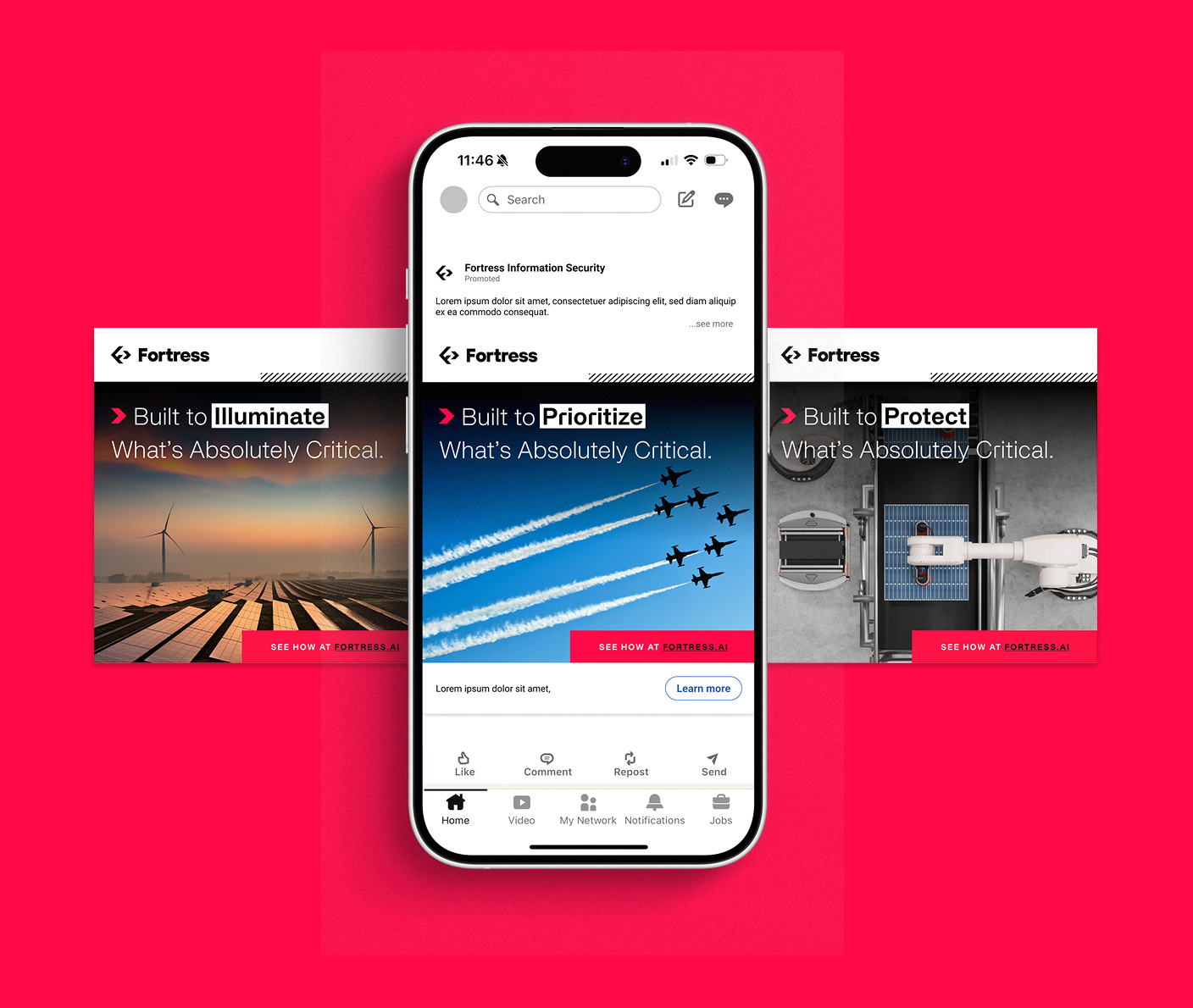 Smartphone displaying Fortress Information Security advertisement with three images behind: solar panels under sunset titled 'Built to Illuminate', fighter jets flying in formation titled 'Built to Prioritize', and robotic arm on solar panel production line titled 'Built to Protect'.