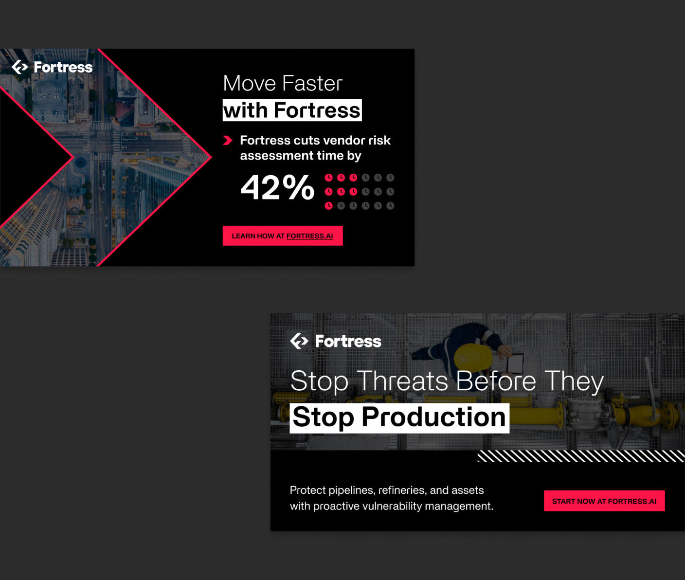 Two Fortress ads: first shows an aerial city view with text about cutting vendor risk assessment time by 42%, second shows a worker with a hard hat inspecting pipes, promoting stopping threats before stopping production with vulnerability management.