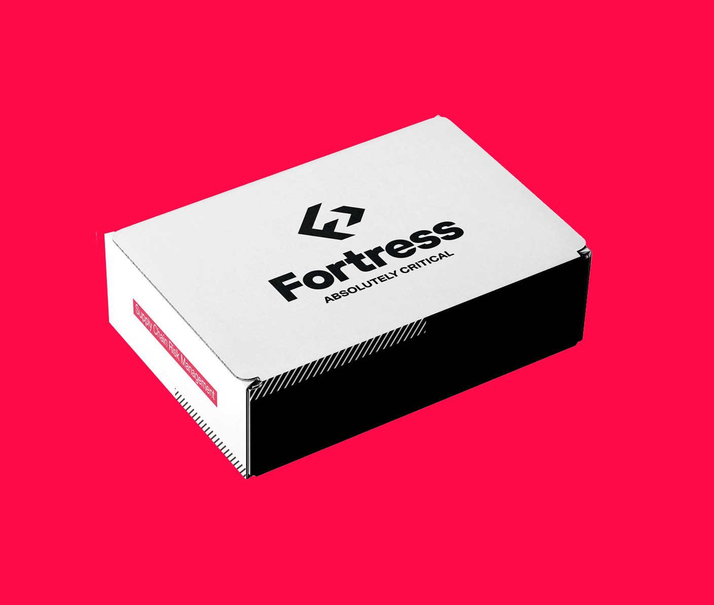 White and black box with Fortress logo and text 'ABSOLUTELY CRITICAL' on top, and 'Supply Chain Risk Management' on the side, against a bright pink background.