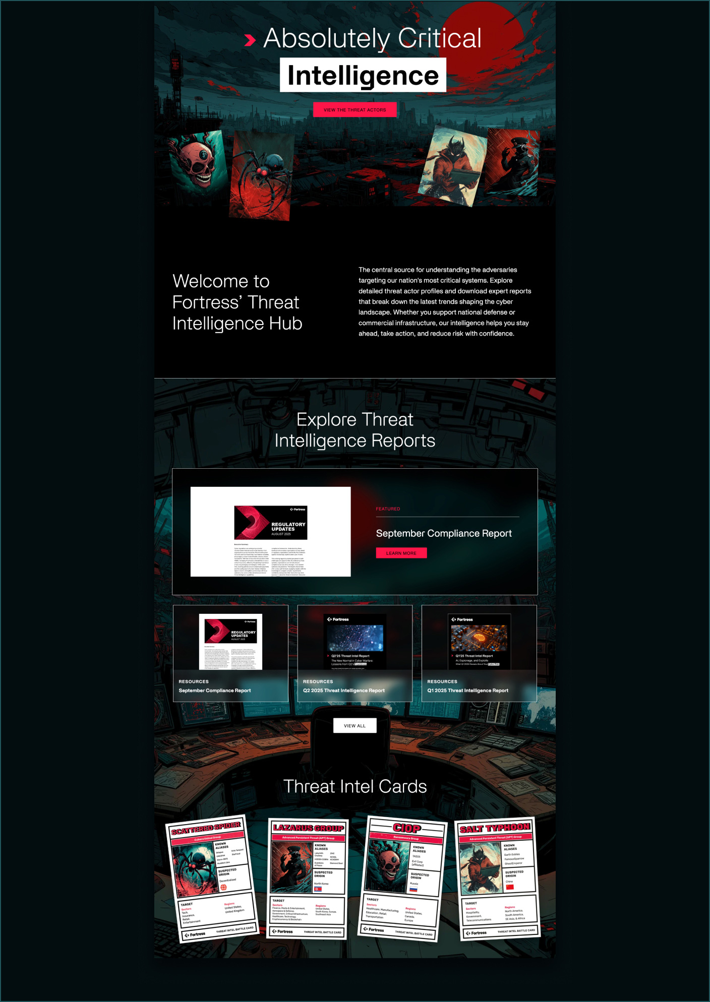 Webpage titled 'Absolutely Critical Intelligence' featuring Fortress' Threat Intelligence Hub with sections for threat intelligence reports and threat intel cards depicting various threat actor profiles.