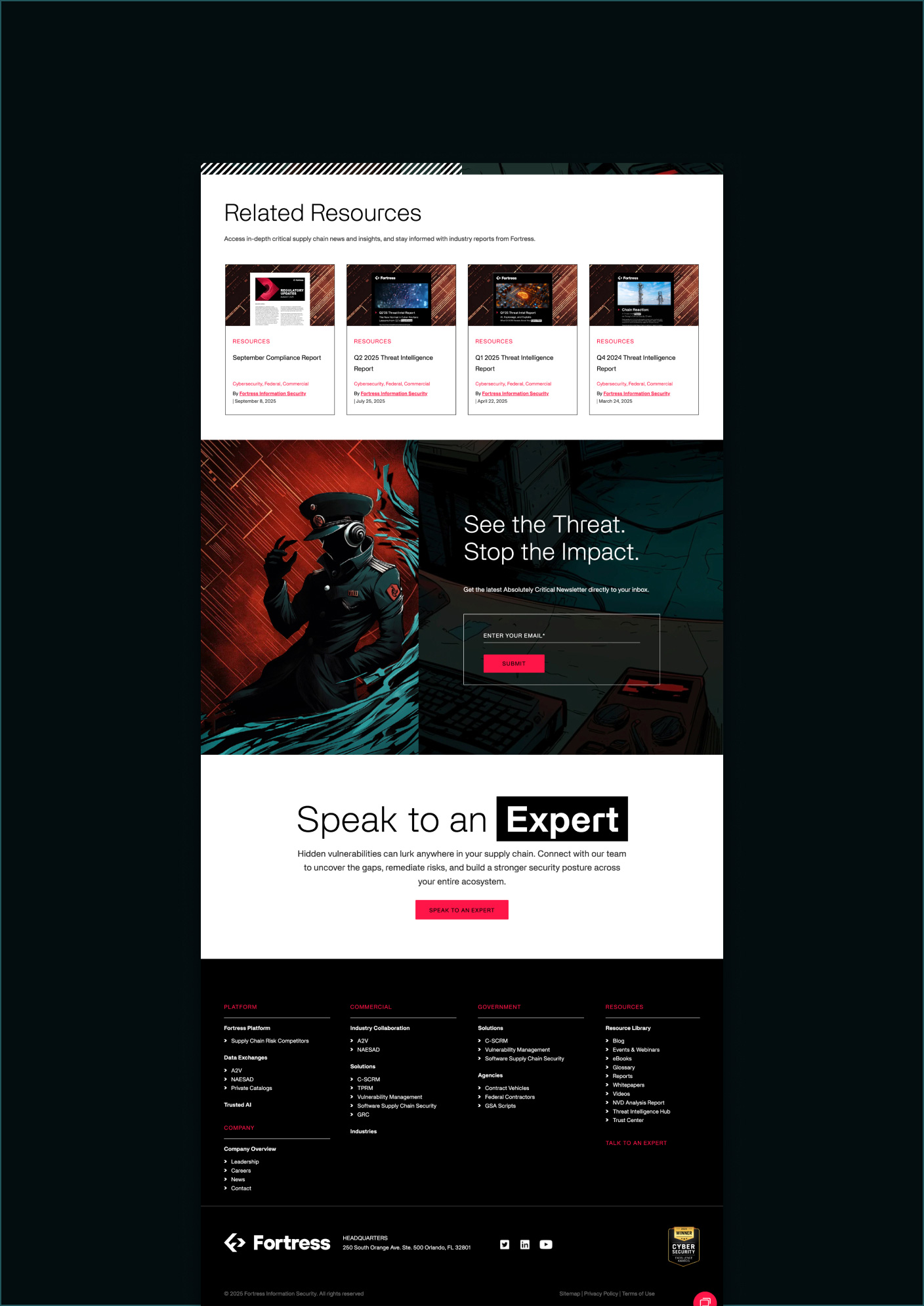 Webpage section showing related resources reports, subscription form with a figure in a military outfit, and a call to speak to an expert, followed by the Fortress company footer.