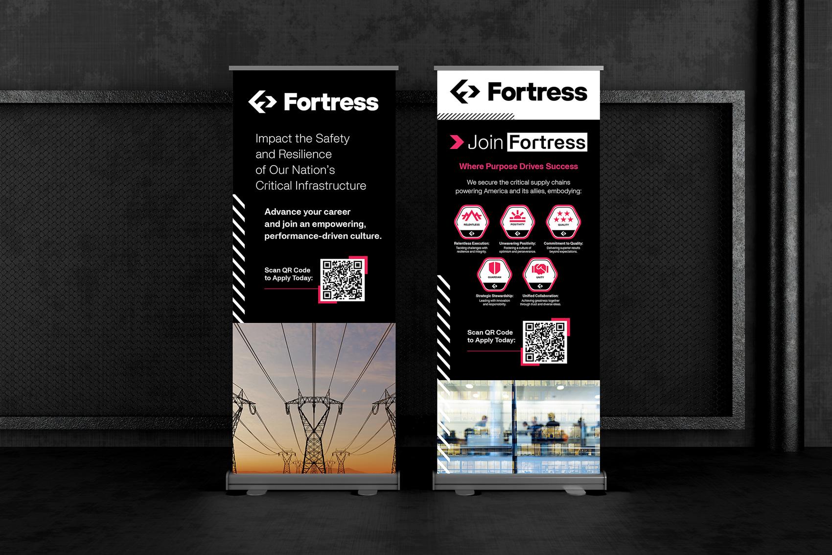 Two Fortress recruitment banners highlighting safety, resilience, company values, and QR codes with images of power lines and office workers.
