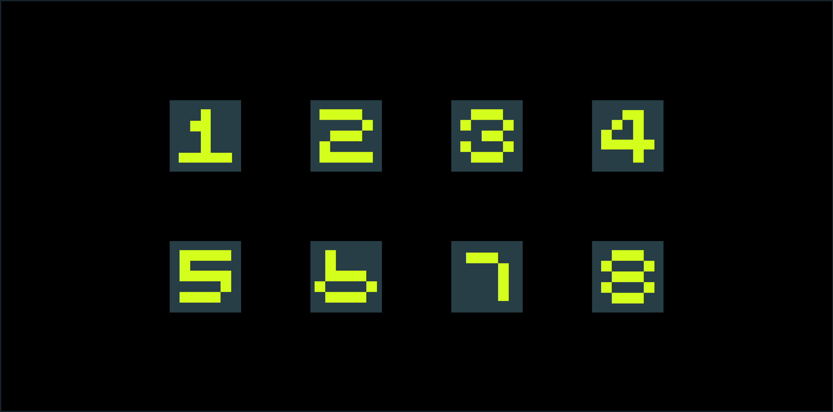 Eight pixelated yellow-green numbers from 1 to 8 arranged in two rows on a dark background.