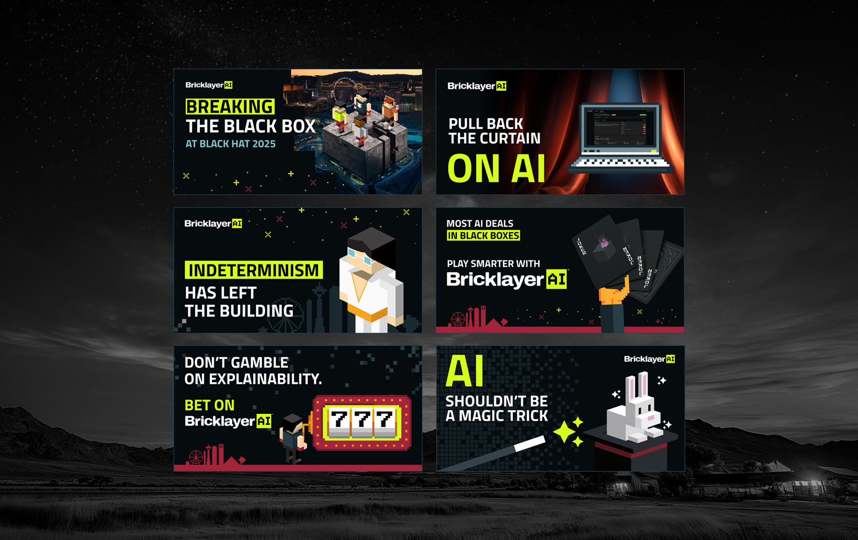 Collage of six promotional panels for Bricklayer AI featuring pixel art characters and slogans about AI transparency, explainability, and smarter AI deals.