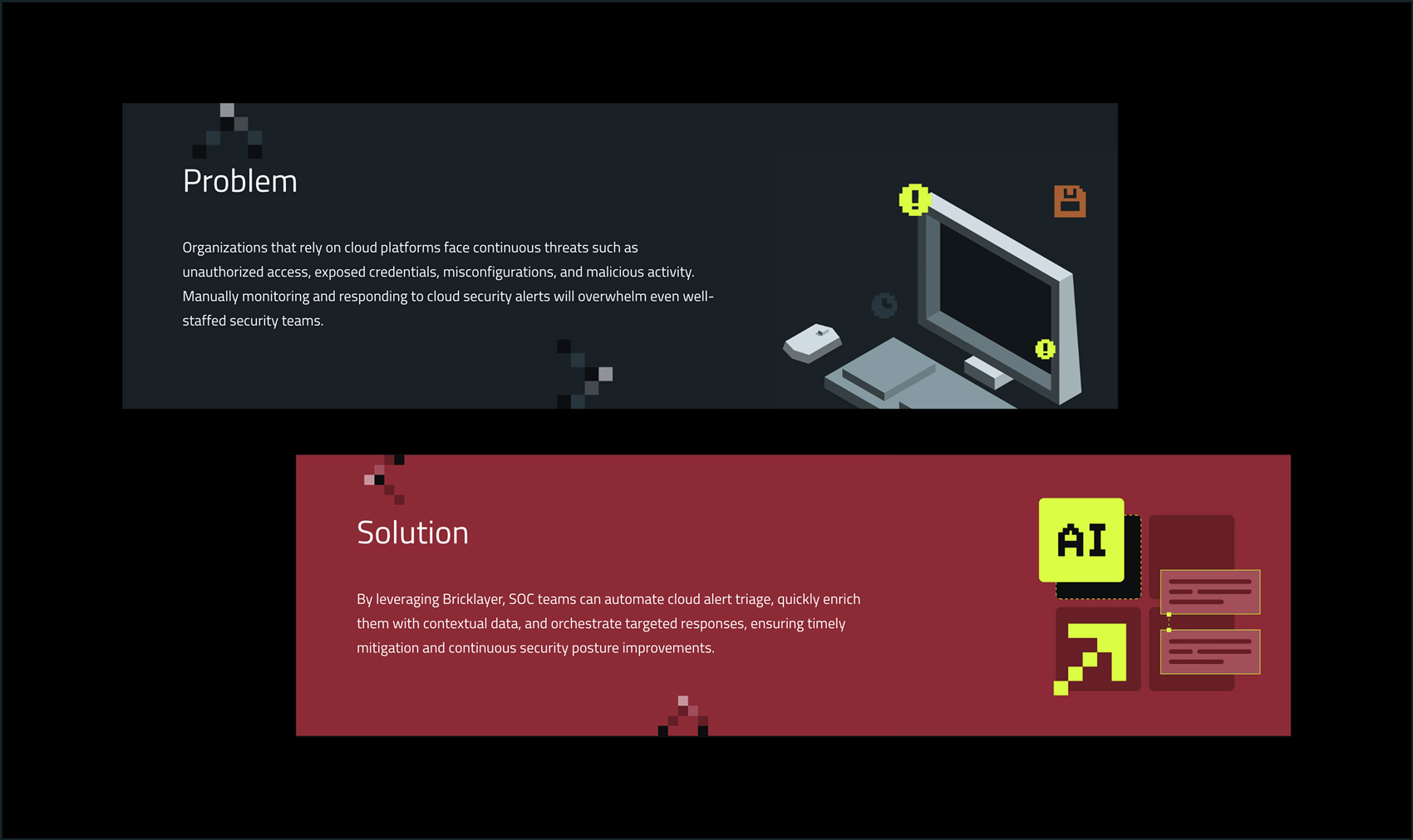 Two panels showing cloud security challenges and solutions: the problem panel describes threats like unauthorized access and overwhelmed security teams with an illustration of a computer screen with warning icons; the solution panel highlights automated cloud alert triage using AI with text and related icons.