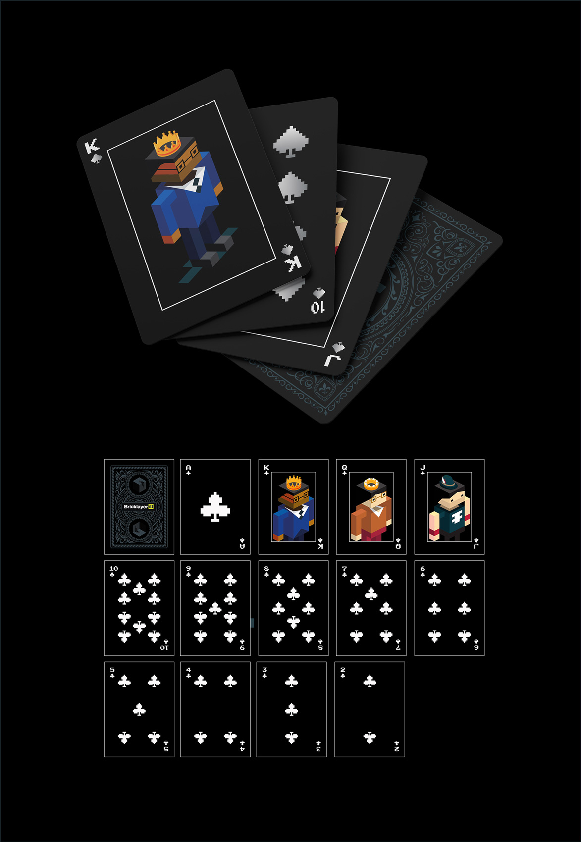 Black-themed playing cards featuring pixel art characters for King, Queen, and Jack of clubs and standard club suit cards from 2 to 10.