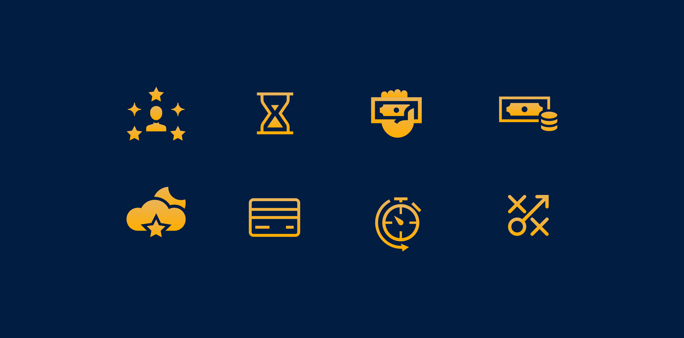 Eight yellow icons on dark blue background representing user with stars, hourglass, hand holding money, money with coins, cloud with star, credit card, stopwatch with arrow, and strategy diagram.