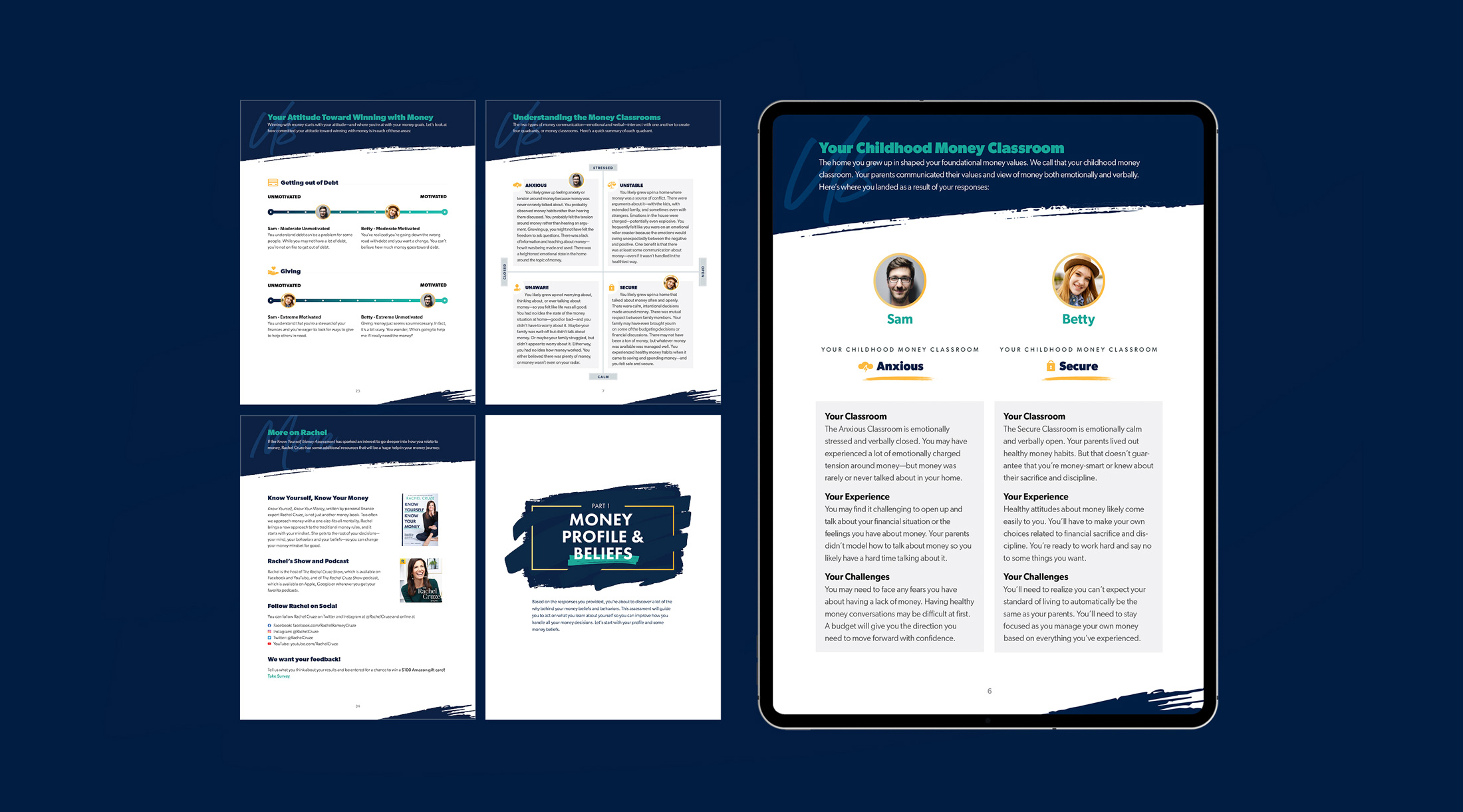Digital tablet displaying a money mindset guide comparing childhood money classrooms of Sam (Anxious) and Betty (Secure), alongside four printed pages about money attitudes, classroom types, resources on Rachel Cruze, and money profile and beliefs.