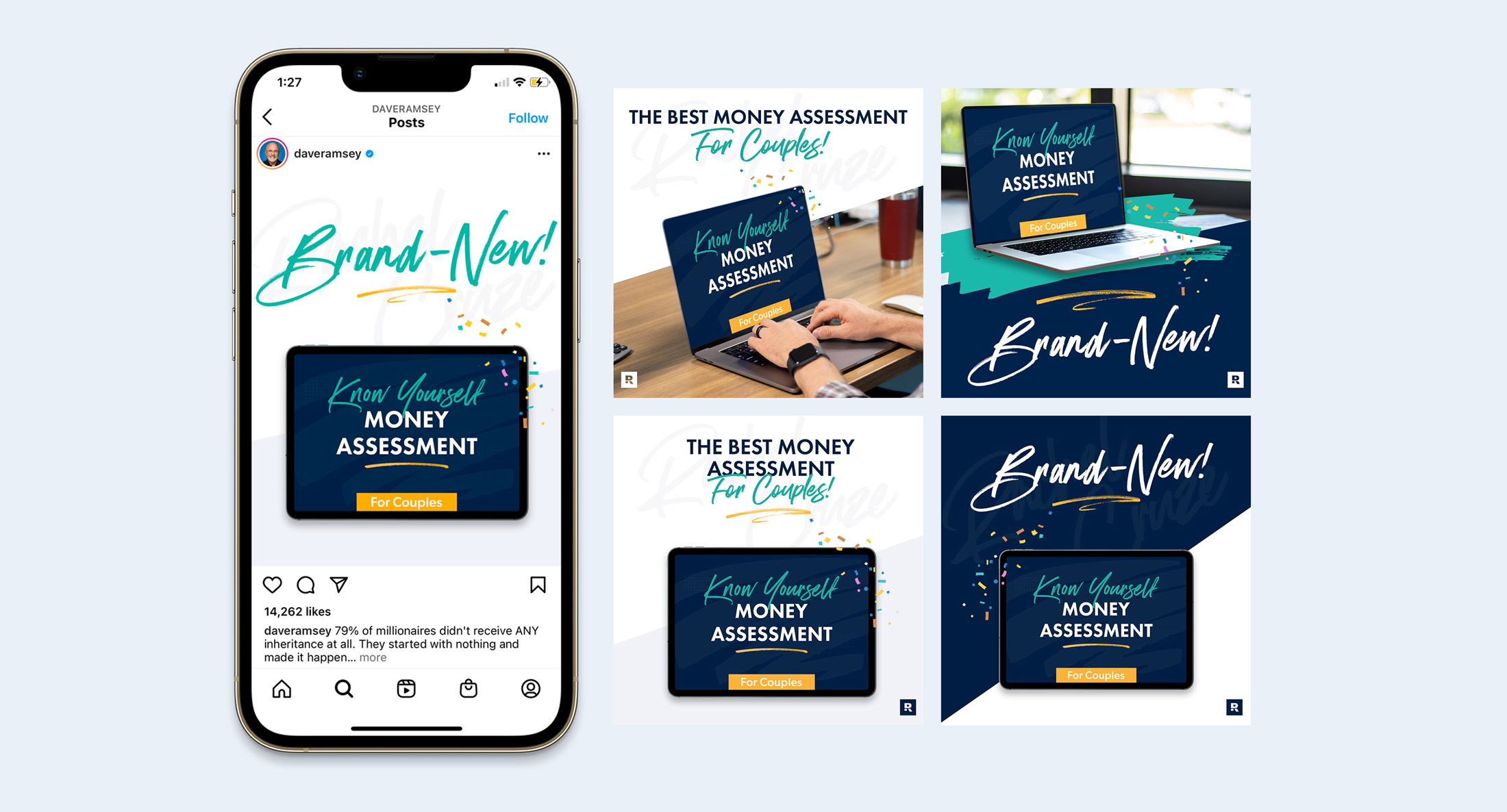 Collage showing a smartphone Instagram post and four graphics promoting the 'Know Yourself Money Assessment for Couples' with phrases 'Brand-New!' and 'The Best Money Assessment for Couples!'