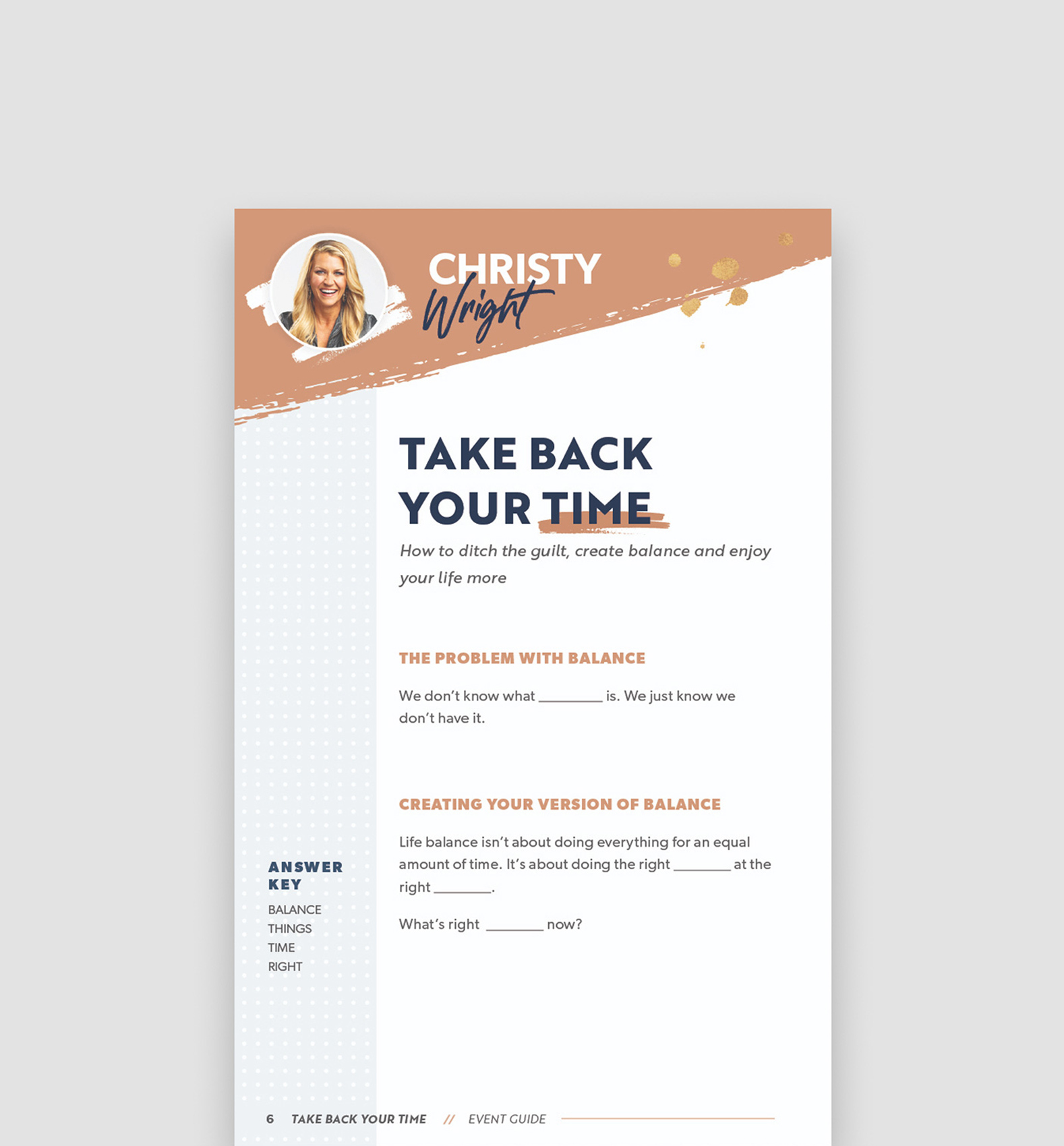 Event guide page titled 'Take Back Your Time' by Christy Wright with sections on the problem with balance and creating your version of balance, including an answer key.