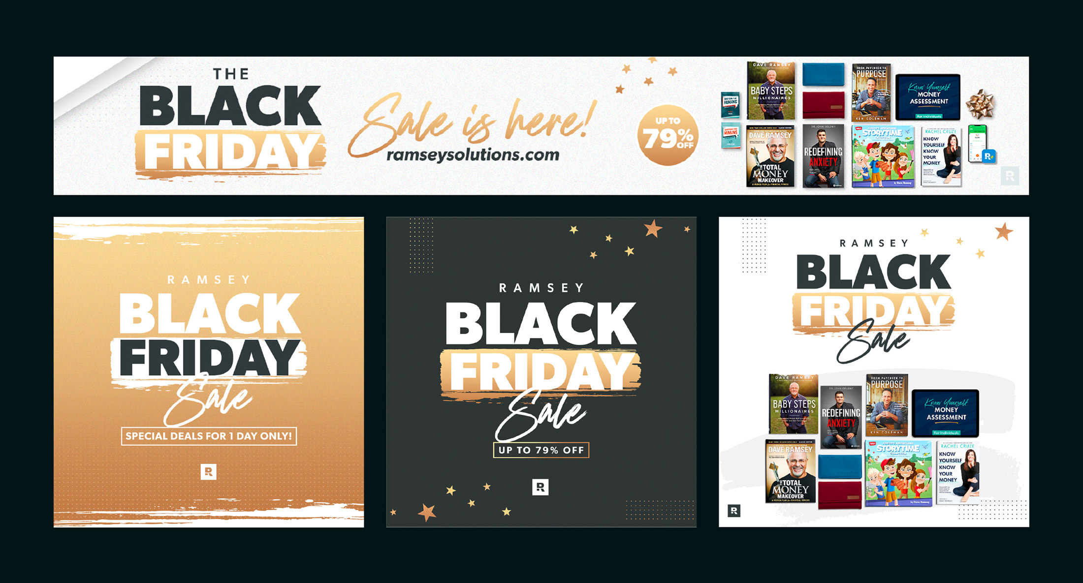 Ramsey Black Friday Sale banners featuring up to 79% off, special deals for one day, and a display of financial books and products.