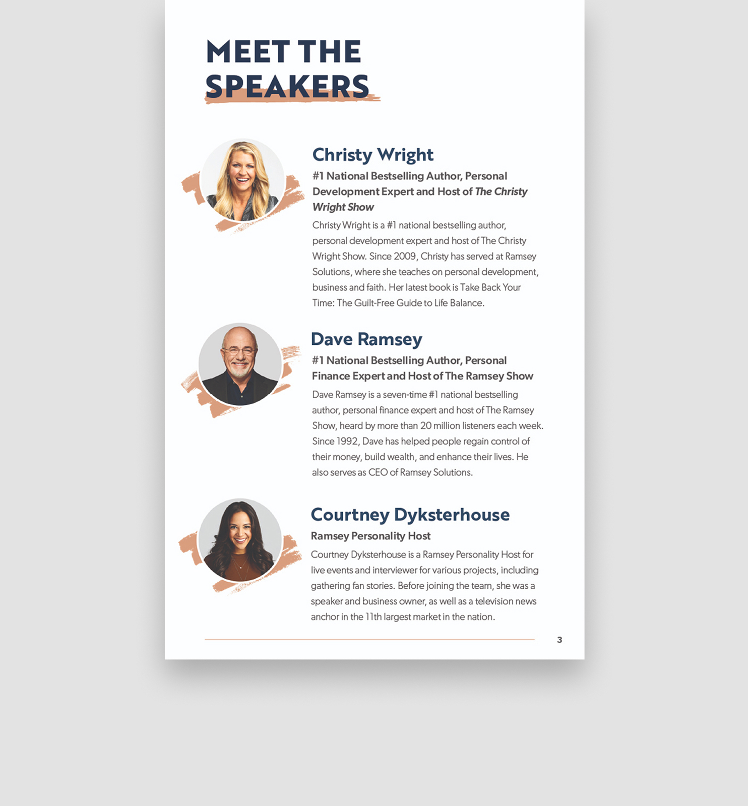 Meet the Speakers page featuring portraits and bios of Christy Wright, Dave Ramsey, and Courtney Dyksterhouse, highlighting their roles and expertise.