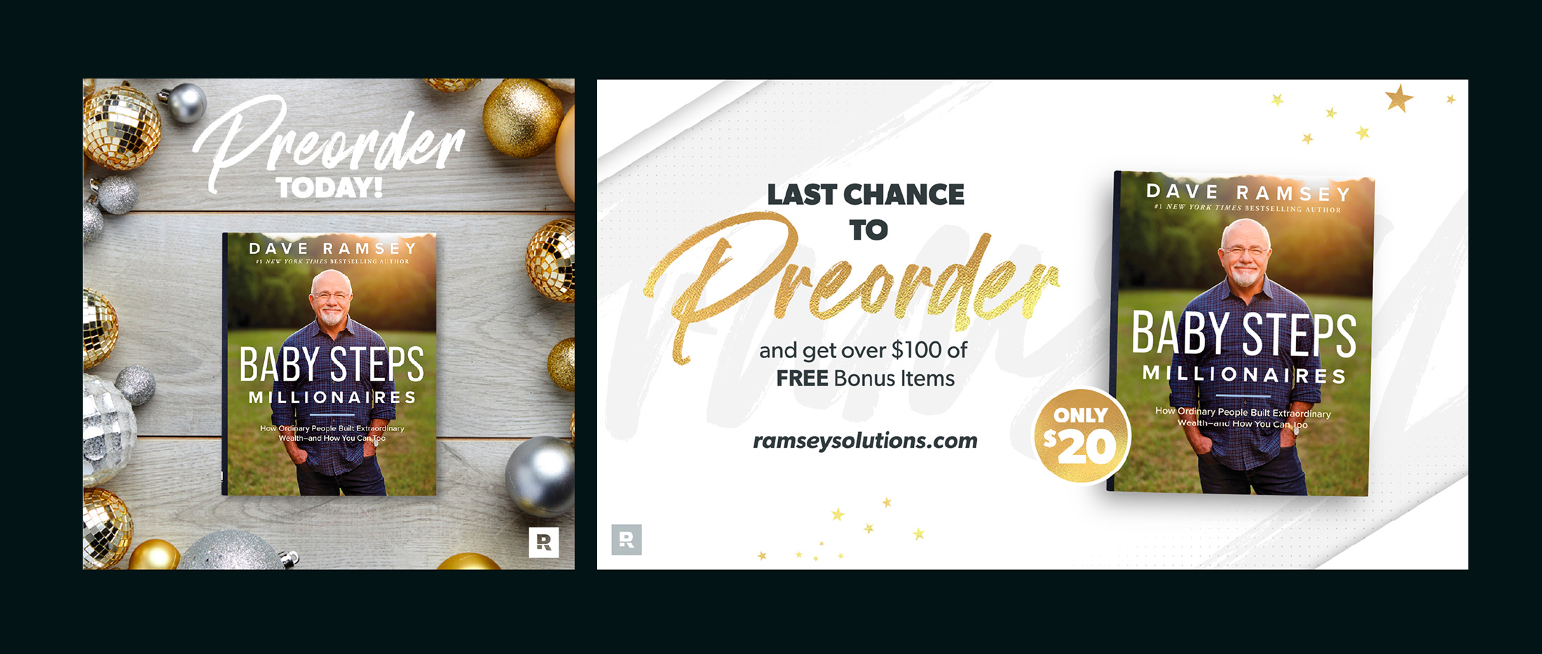 Promotional graphic for Dave Ramsey's book 'Baby Steps Millionaires' with preorder callouts, holiday ornaments, and pricing at only $20.