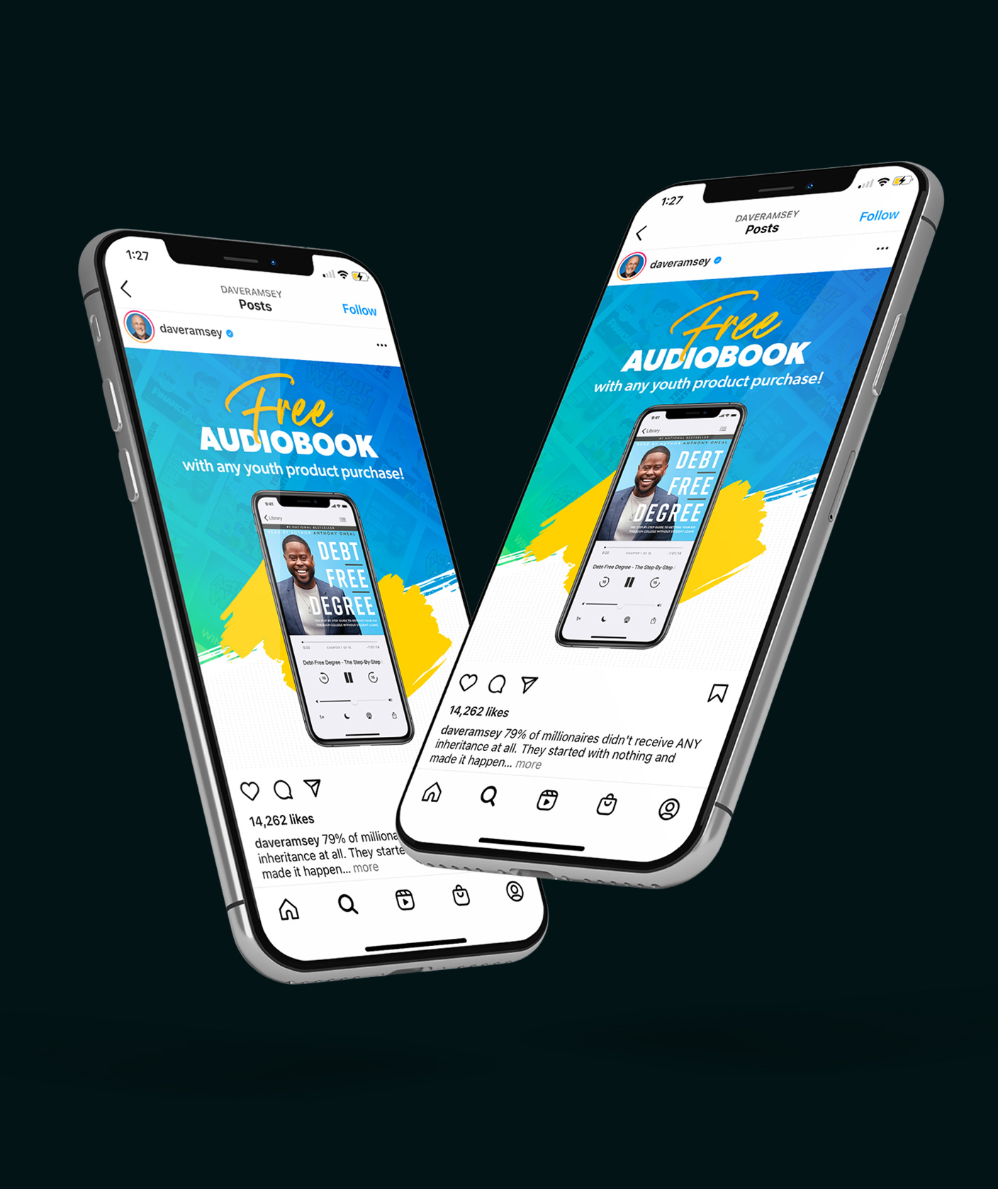 Two iPhones displaying an Instagram post by Dave Ramsey promoting a free audiobook with any youth product purchase.