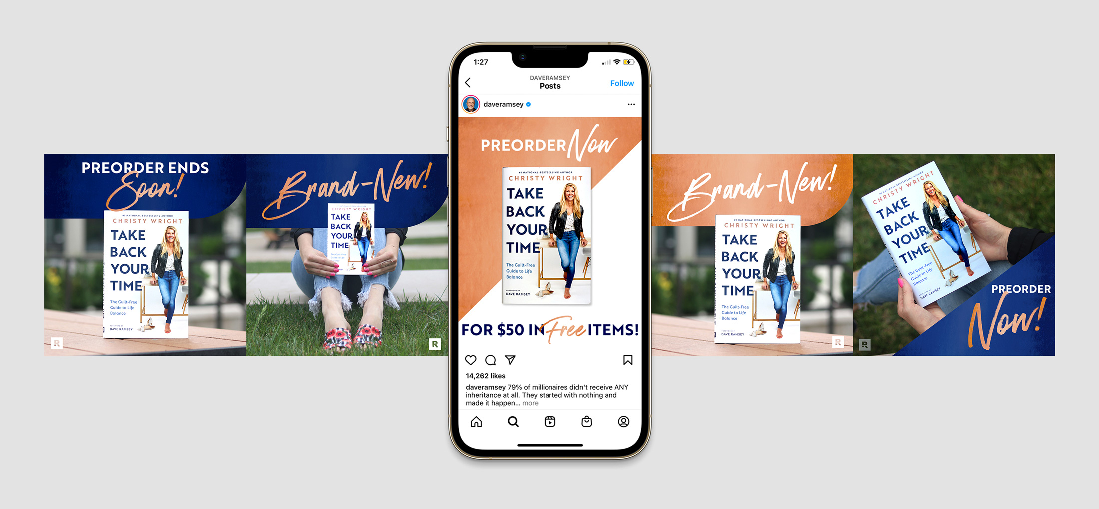 Social media promotional post with a phone showing a preorder ad for Christy Wright's book Take Back Your Time, surrounded by images of the book held and displayed outdoors with preorder messages.