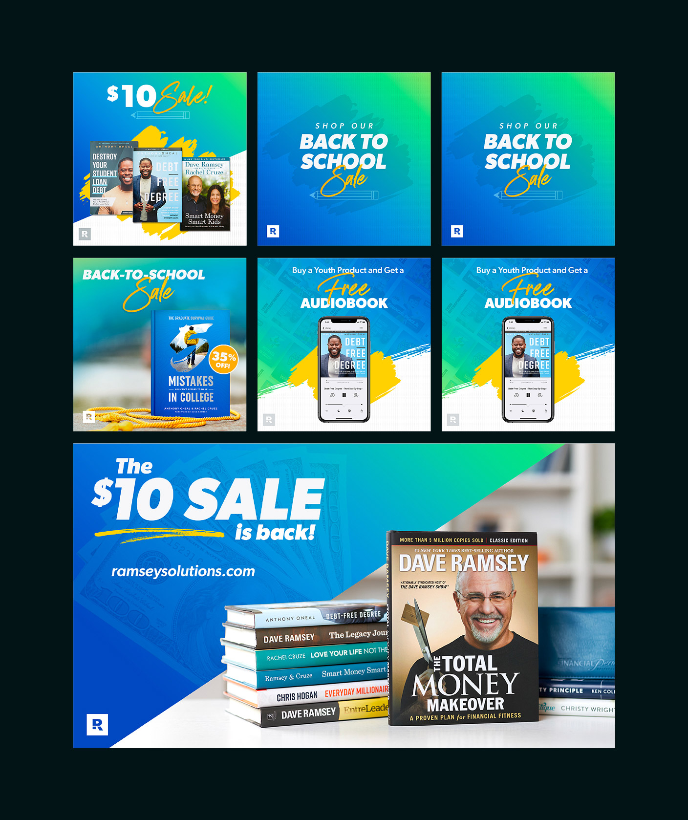 Promotional collage featuring a $10 sale on personal finance books by Dave Ramsey and others, highlighting debt-free degree and back to school sale offers.