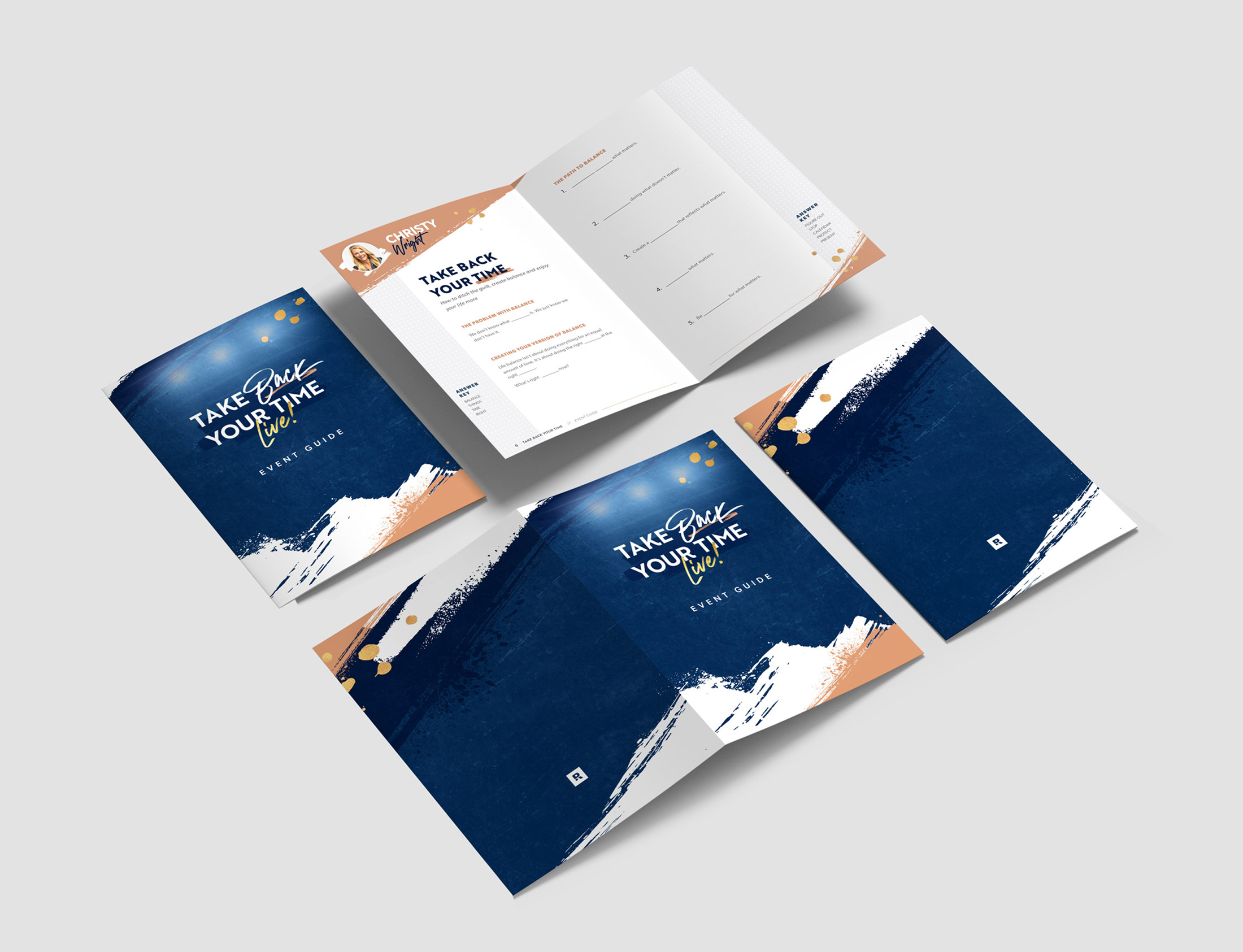 Four event guide brochures titled 'Take Back Your Time Live!' with blue, white, and peach brushstroke designs, one opened showing an interior page about balance with a photo of Christy Wright.