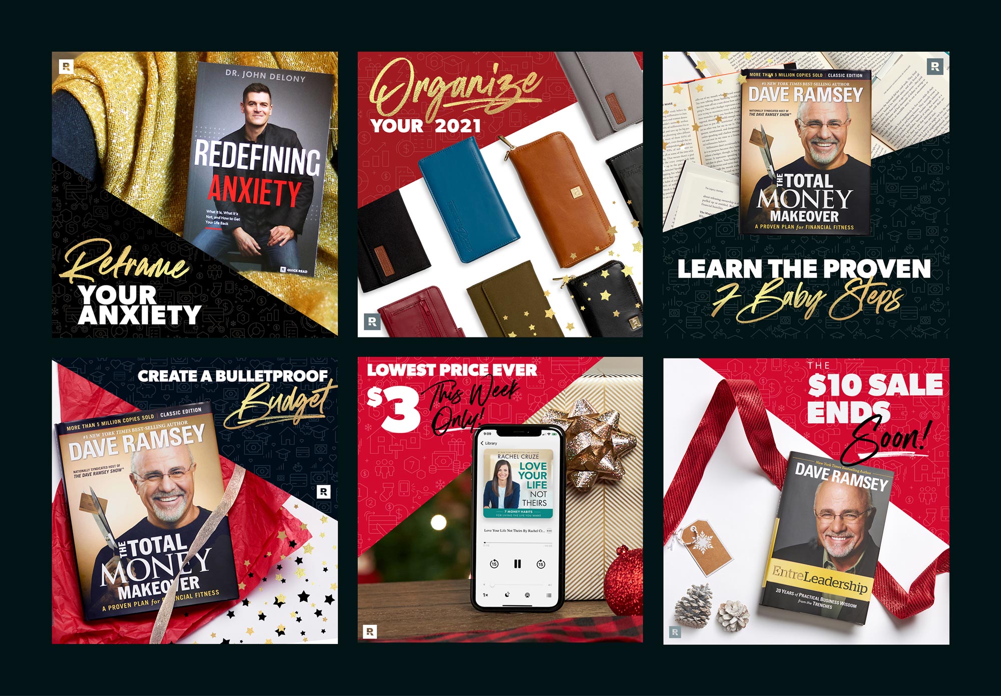 Six promotional images featuring self-help and financial books by Dave Ramsey, Dr. John Delony, and Rachel Cruze, with themes of anxiety, money makeover, budgeting, life improvement, and leadership.