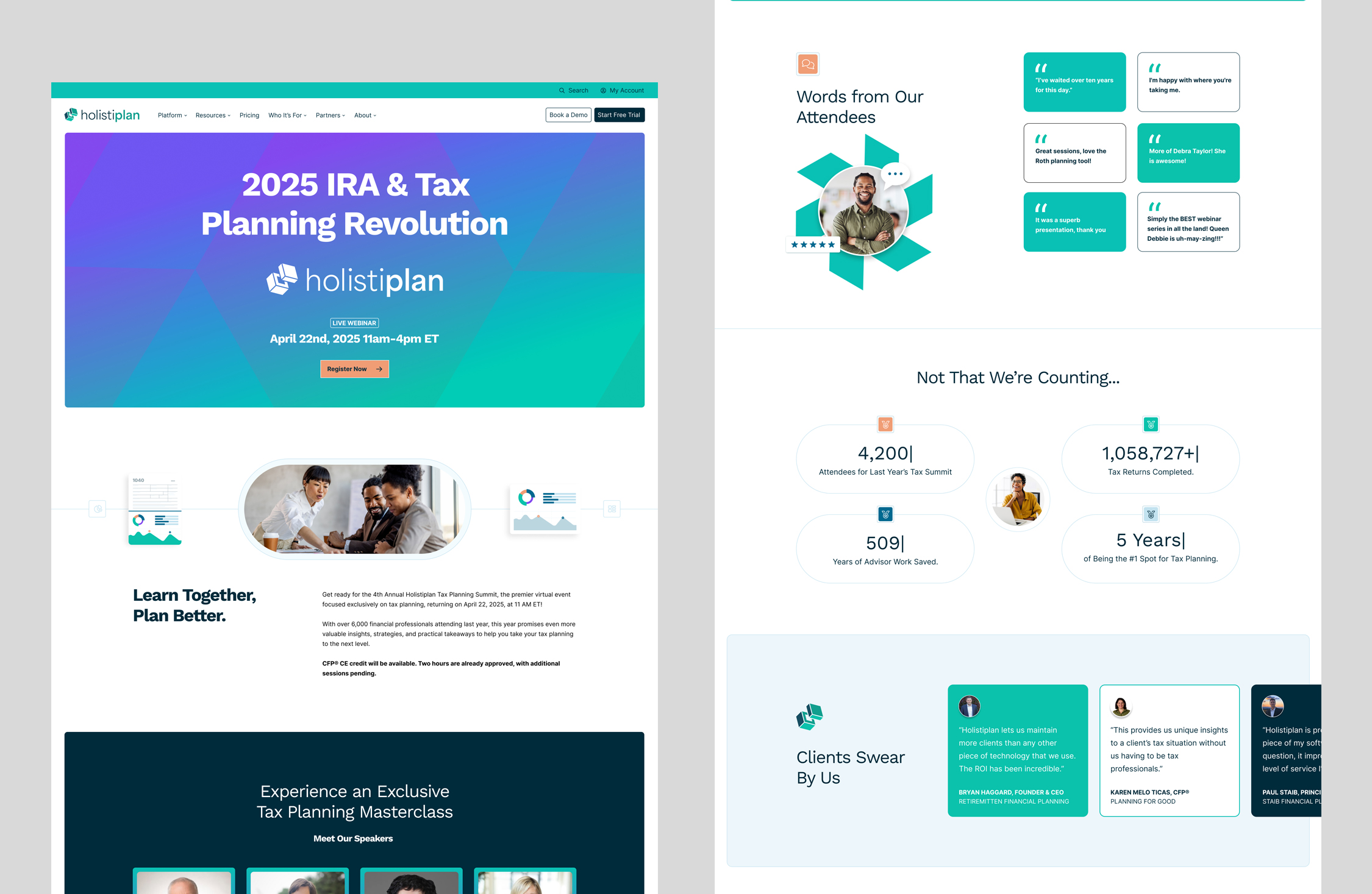 Webpage promoting the 2025 IRA & Tax Planning Revolution webinar by Holistiplan on April 22, 2025, including attendee testimonials, tax summit stats, and speaker information.