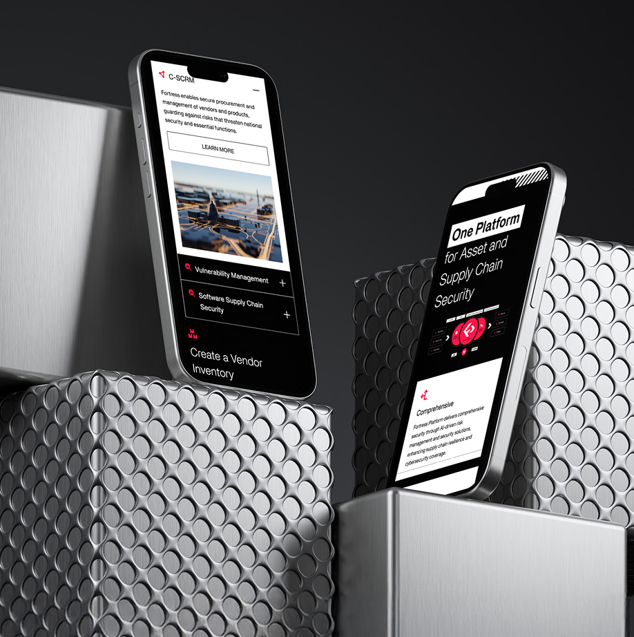 Two smartphones displaying supply chain security and vendor management applications, positioned on silver textured blocks against a dark background.
