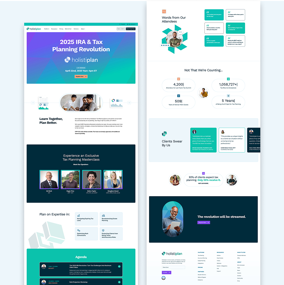 Holistiplan 2025 IRA & Tax Planning Revolution webpage showing event details, speakers, client testimonials, statistics, and registration options.
