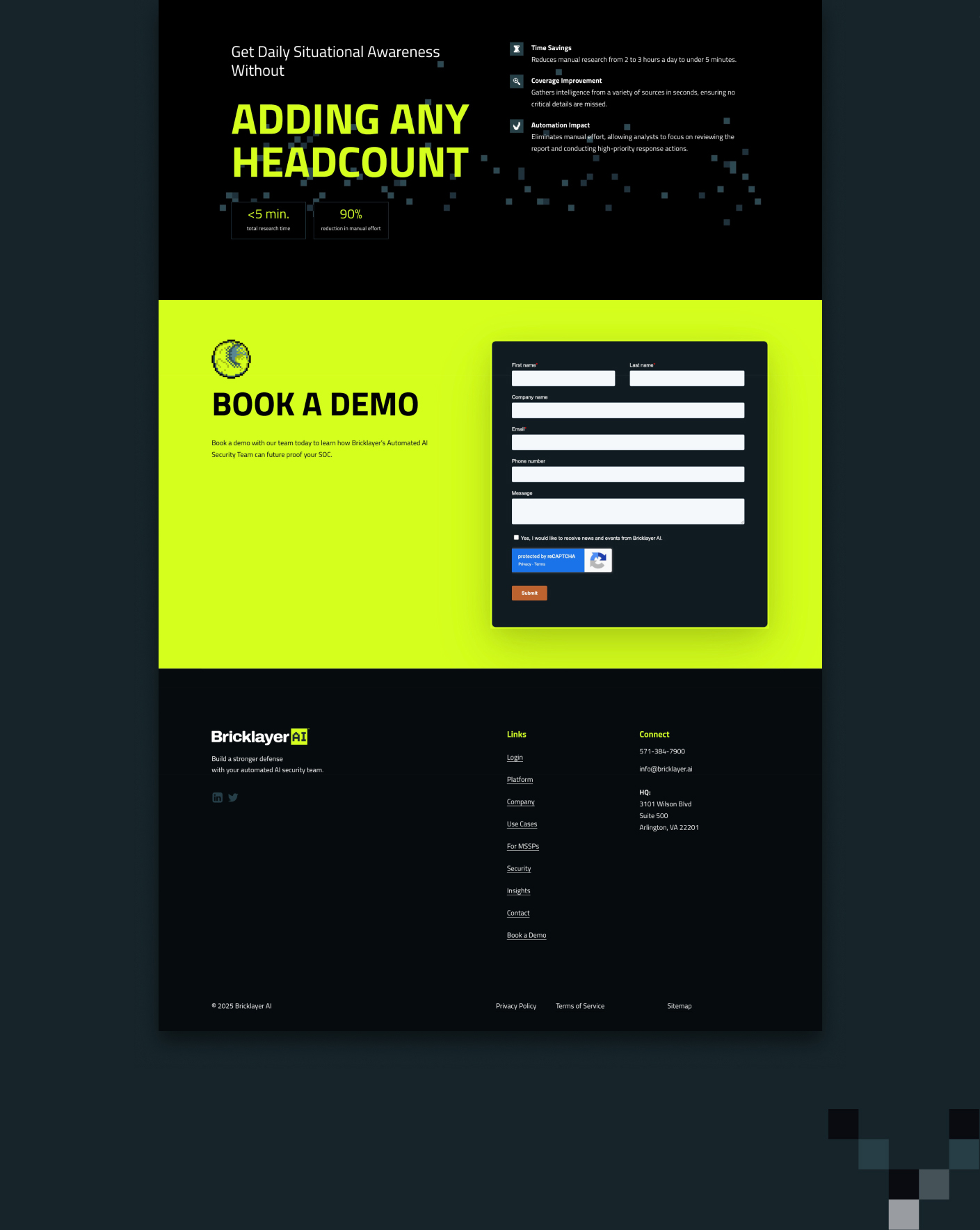 Website section with call-to-action to book a demo for Bricklayer AI, featuring a form with fields for first and last name, company, email, phone number, message, and a submit button on a bright yellow background.