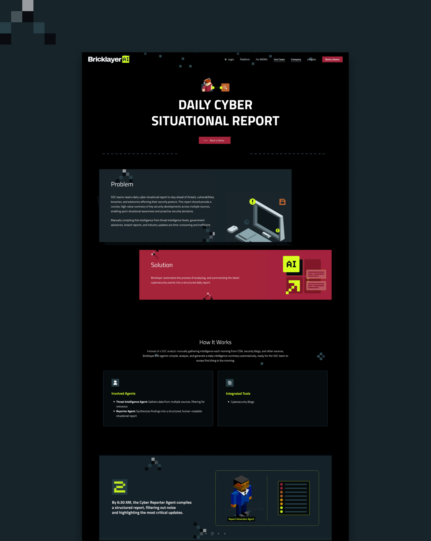 Webpage showing Bricklayer AI's Daily Cyber Situational Report with sections on problem, solution, how it works, and report generation process.