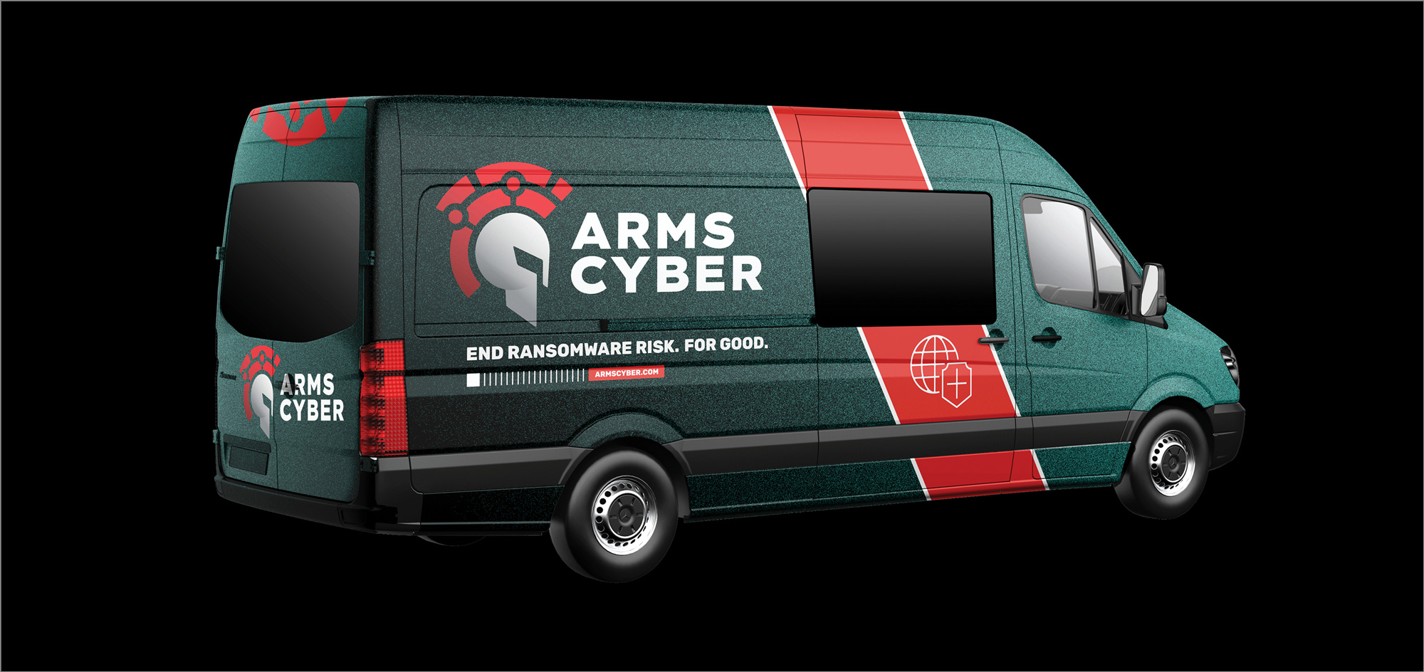 Green delivery van with red stripe and Arms Cyber logo, displaying the slogan 'End ransomware risk. For good.'