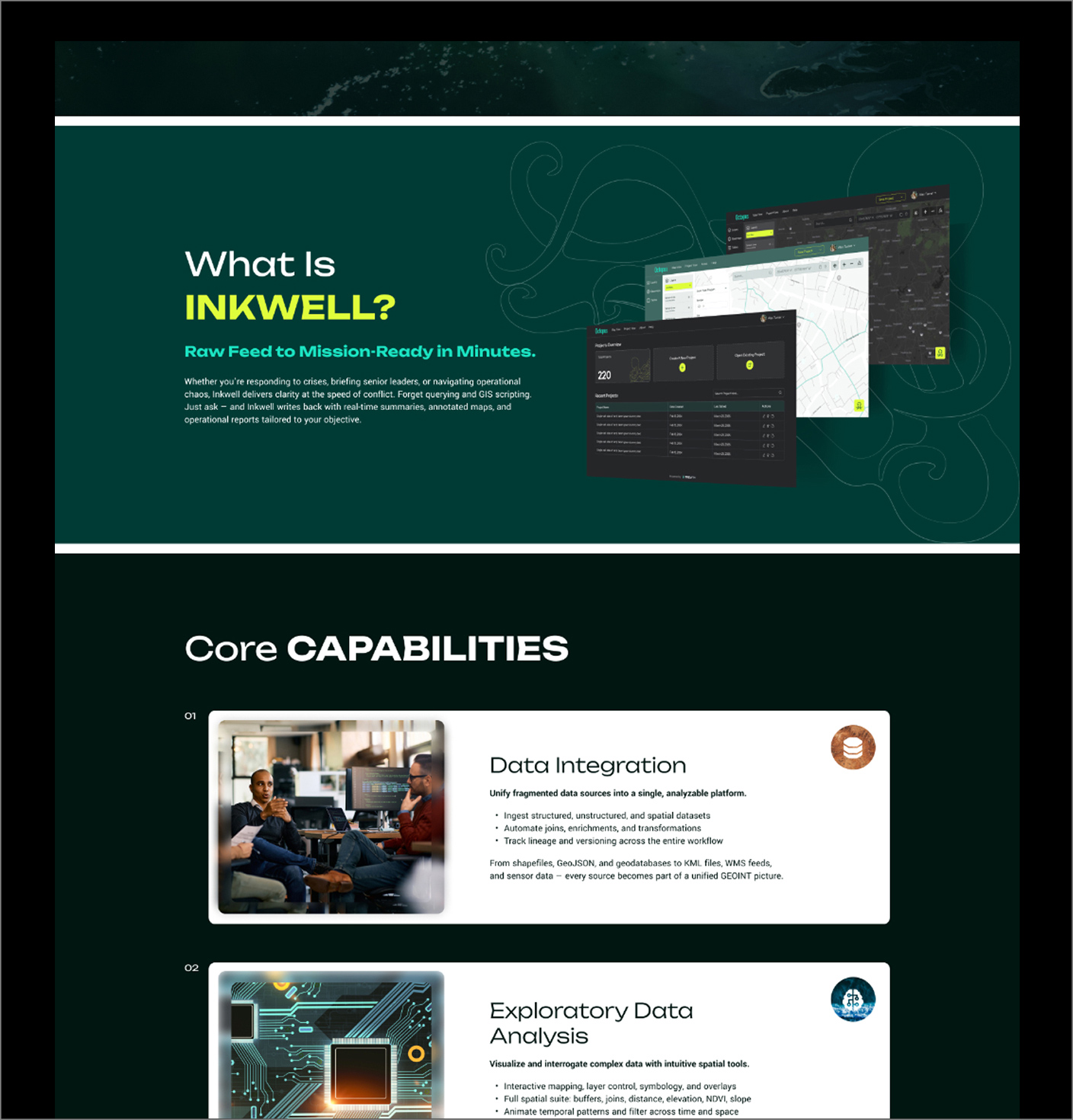 Webpage section explaining Inkwell software with screenshots and text about core capabilities like data integration and exploratory data analysis.