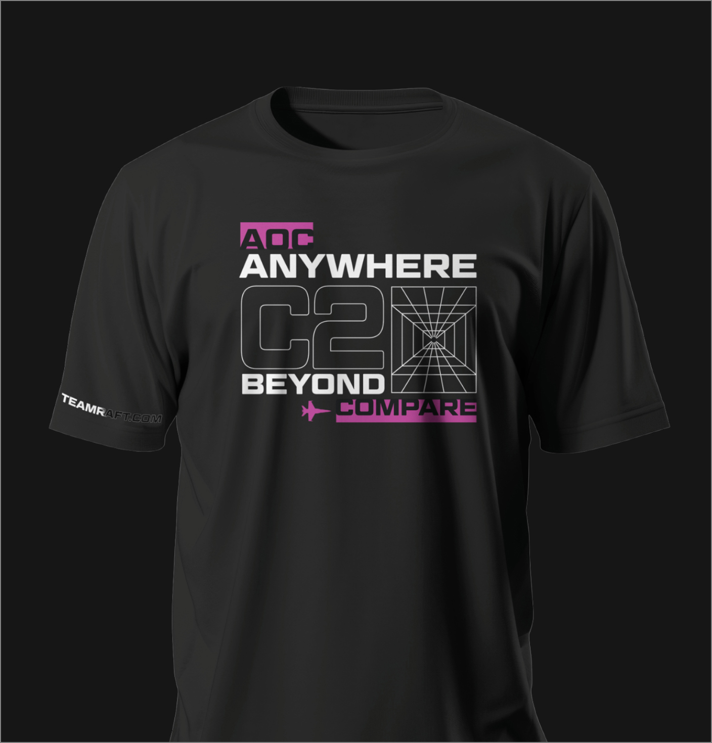 Black t-shirt with text 'AOC ANYWHERE C2 BEYOND COMPARE' and a geometric design and small airplane graphic.