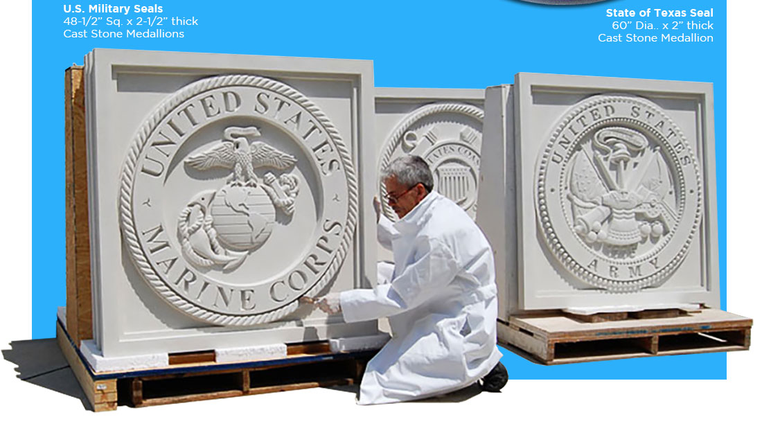 Custom cast stone medallion, close-up sculpted detail