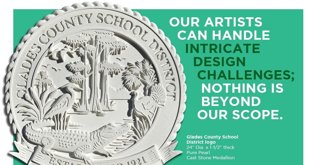CNC and hand-sculpted cast stone Glades County School District seal featuring a heron, alligator, and cypress trees.