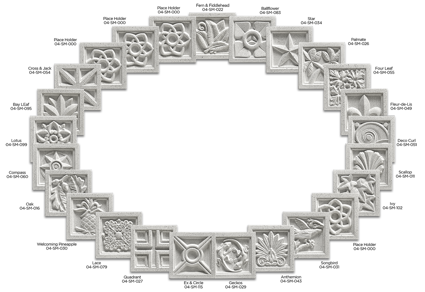 25 cast stone 4 inch sample medallion designs arranged in a circle