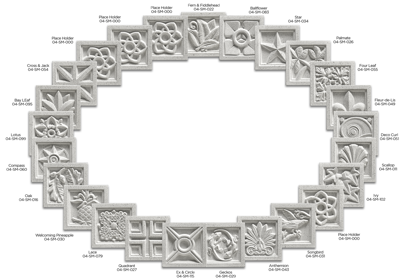 25 cast stone 4 inch sample medallion designs arranged in a circle