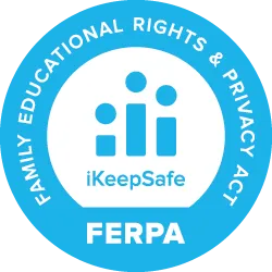 Blue circular icon with text 'Family Educational Rights & Privacy Act' around three stylized figures and bars above the words 'iKeepSafe FERPA'.