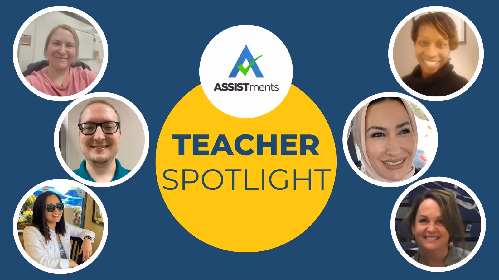 A blue and yellow circle with a teacher spotlight logo. - ASSISTments Images