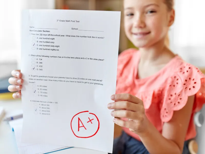 A girl holding a piece of paper with a red A+ on it. - ASSISTments Images