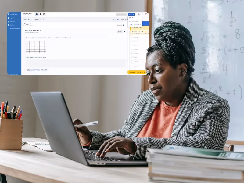 A woman is working on a laptop with a math problem displayed on the screen. - ASSISTments Images