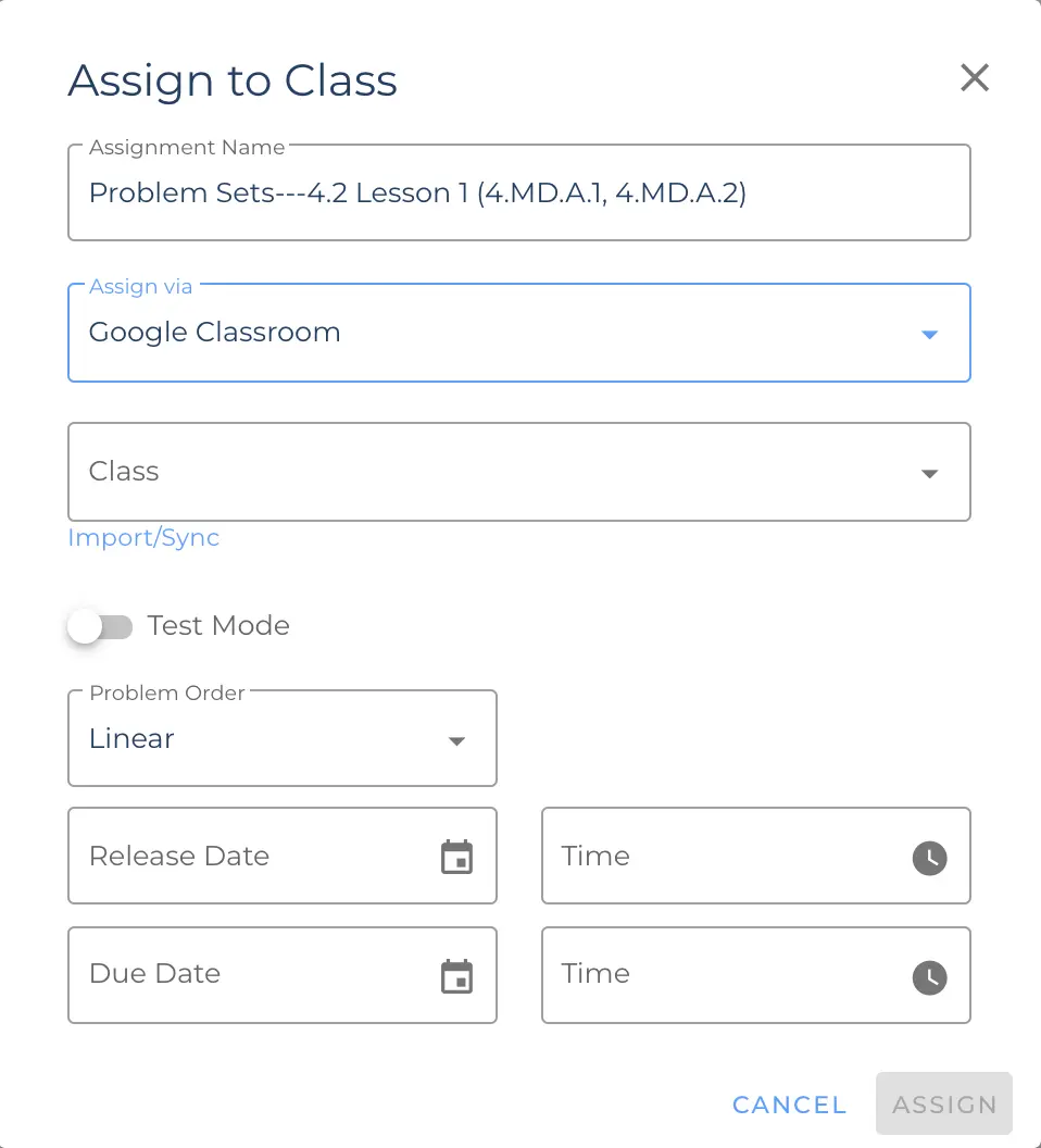 Next, they should attempt to assign any problem set and, when the reach the Assign options, select Google Classroom, click Import/Sync Image